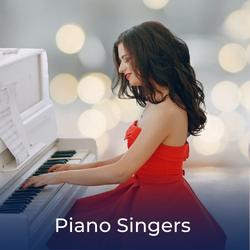 Woman in red dress playing a piano and singing for guests to entertain guests at a wedding reception. Link to Pianist Singers for hire
