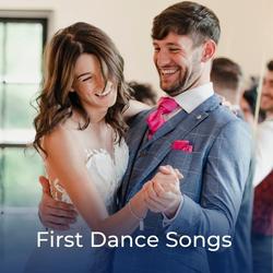 Couple dancing a first dance at their wedding, link to First Dance Songs Playlist