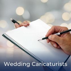 Caricaturist sketching guests during a wedding celebration with a link to various caricaturists availabel to book for a wedding