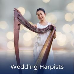 Female with harp preparing to perform at a wedding ceremony with link to harpists for hire