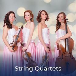 Four musicians playing together as a quartet with link to String Quartets available to hire on Entertainers Worldwide